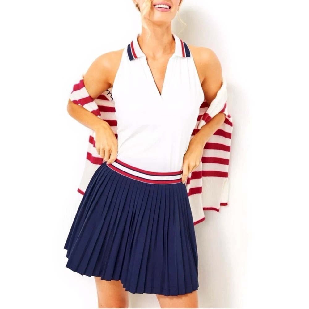 Lilly Pulitzer Navy Pleated Skater Skirt with Red and White Striped Waistband
